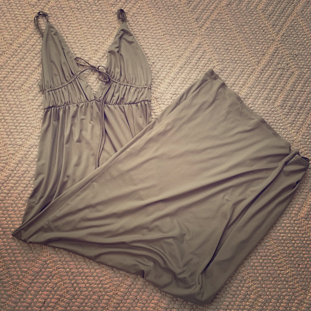 Sage green low cut maxi dress with slit